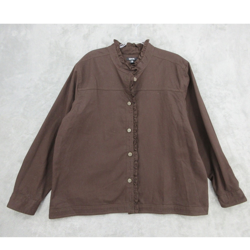 Krazy Kat Jacket Womens Size XXL Cotton Ruffle Trim Button Front Utility Brown